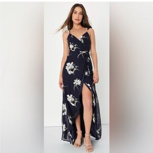 Lulus All Mine Navy Blue Floral Print High-Low Wrap Dress. Size L